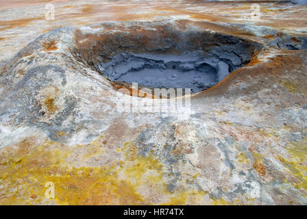 Un spot réputé pour ses bassins à bulles, fosses de boue bouillante et fumante, gaz sulfurique émettant des fumerolles, Namjafall Hevrir, Islande. Banque D'Images