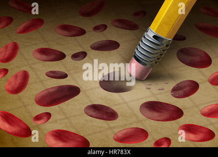 Maladie du sang concept médical qu'un crayon effacer les cellules humaines comme médecine hématologie symbole pour l'anémie ou l'hémophilie en 3D illustration. Banque D'Images