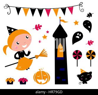 10618058 - jolie petite sorcière halloween, divers articles de fête. vector Banque D'Images