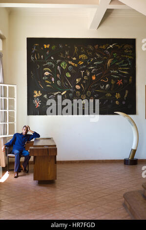 Un travailleur s'ennuyer dans le vide d'histoire naturelle de Maputo, Mozambique assis sous une illustration de l'évolution. Banque D'Images