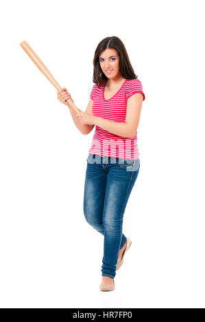 Full Length portrait of a young girl bouleversé avec batte de baseball, isolé sur fond blanc. Banque D'Images