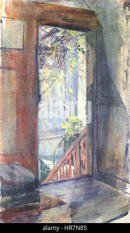 'Weranda' est une peinture représentant une véranda traditionnelle, mettant l'accent sur l'environnement extérieur tranquille. La peinture capture la simplicité et le calme de la vie quotidienne, mettant l'accent sur la lumière naturelle et l'espace. Banque D'Images