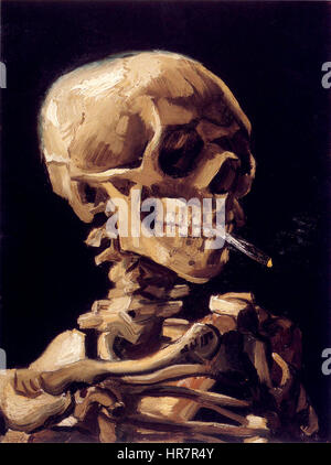 "Crâne avec une cigarette brûlante" de Vincent van Gogh est une peinture de nature morte représentant un crâne humain, associé à une cigarette allumée. Cette pièce reflète l'exploration de Van Gogh de la mortalité et son approche unique pour contraster des thèmes sombres avec des objets simples et quotidiens. Banque D'Images