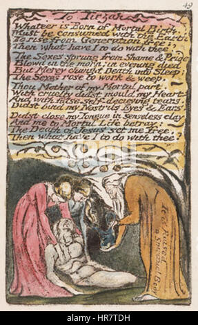 "Songs of innocence and of Experience" de William Blake, est un recueil de poèmes avec illustrations. La copie de 1795 (copie N) comprend le poème 'To Tirzah', reflétant l'exploration de Blake de la dualité dans l'expérience humaine, l'innocence, et la perte de celle-ci. Cet exemplaire est conservé à la bibliothèque Henry E. Huntington et à la galerie d'art. Banque D'Images
