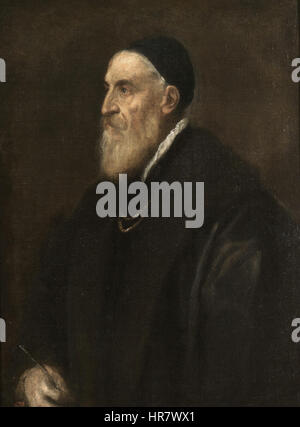 'Autoritratto' de Vecellio di Gregorio Tiziano est un autoportrait du célèbre artiste vénitien Titien. Cette œuvre reflète sa maîtrise du portrait et sa contribution à la Renaissance vénitienne. Banque D'Images