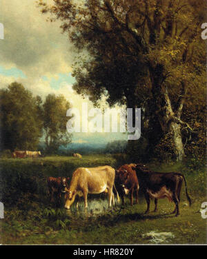 « Cows in the Meadow » de William M. Hart est une scène pastorale représentant des bovins qui paissent dans un pré serein. La peinture met en évidence la compétence de Hart à capturer la vie rurale et l'environnement naturel avec une grande attention à la lumière et la couleur. Banque D'Images