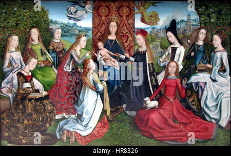La Vierge parmi les vierges, une peinture à l'huile sur panneau de chêne datant d'environ 1488 par le Maître de la Légende de Sainte-Lucie, présentant la Sainte Vierge entourée d'autres saints vierges, dont Apolline, Ursule, Lucie, Dorothée, Catherine et Marie Madeleine, chacun avec ses attributs. Banque D'Images