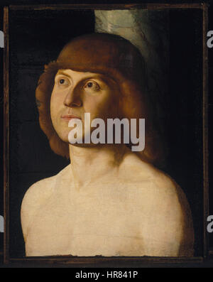Ce tableau de la fin du XVe siècle, attribué à un disciple d'Antonello da Messina, représente Saint Sébastien, en se concentrant sur son martyre. L'expression détaillée et la représentation réaliste reflètent l'influence de l'école vénitienne. Banque D'Images