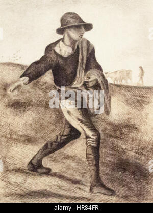 Semeur, une peinture de Vincent van Gogh, créée en 1881 d'après l'œuvre de Jean-François Millet, représentant un semeur dans un cadre rural. Banque D'Images
