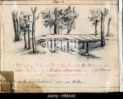 'St Mary Sketchbook 12 - Bridge to Terre haute' est une étude détaillée du pont reliant les membres Mary's à Terre haute, mettant l'accent sur les caractéristiques architecturales et l'environnement environnant. Le croquis capture la conception de la structure et l'interaction de la lumière et de l'ombre sur l'eau en dessous. Banque D'Images