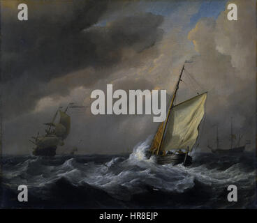 « Un petit navire hollandais rapproché dans une brise forte » de Willem van de Velde II représente un navire hollandais naviguant dans des mers turbulentes. La peinture capture l'essence de la vie maritime avec une attention particulière au mouvement du navire et à l'environnement environnant. Banque D'Images