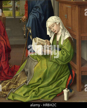 « The Magdalen Reading » de Rogier van der Weyden présente Marie-Madeleine immergée dans la lecture, capturant son moment contemplatif. La peinture met l'accent sur le réalisme détaillé et les thèmes religieux, reflétant la maîtrise de l'artiste dans la représentation de figures bibliques. Banque D'Images