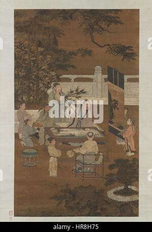 « The Eighteen Scholars », créé par un artiste anonyme Ming, représente un groupe de chercheurs engagés dans des activités intellectuelles. La peinture représente la haute considération pour l'éducation et les activités savantes pendant la dynastie Ming. Banque D'Images