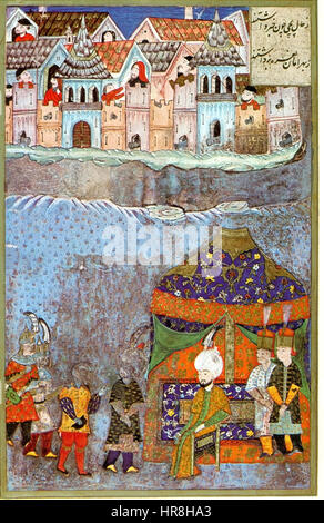 La reddition de Becskerek, 1551 est une peinture historique représentant le siège ottoman de la ville hongroise de Becskerek. Il capture le moment de la reddition, illustrant la tension militaire et les événements dramatiques de la période. L'œuvre offre un aperçu de l'histoire militaire de l'Empire ottoman au cours de son expansion en Europe centrale. Banque D'Images