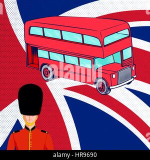 Double-decker bus rouge, Royal British guard sur fond de pavillon du Royaume-Uni. Illustration de Vecteur