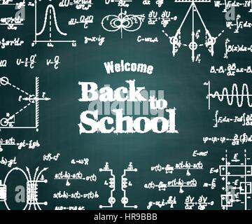 Retour à l'école physique vecteur tableau vert arrière-plan avec des signes différents, des chiffres, des formules et des graphiques de fonctions Illustration de Vecteur