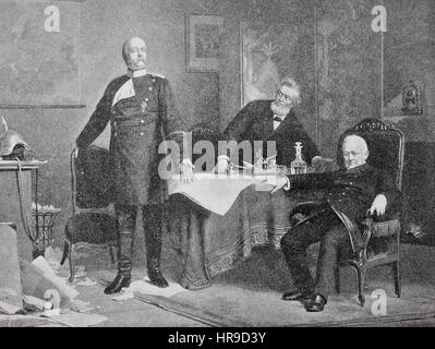 Birmarck verhandelt mit à Versailles Thiers und Favre. Le Traité de Versailles de 1871 a mis fin à la guerre de 1870 et a été signé par Adolphe Thiers, de la Troisième République Française, et Otto von Bismarck, de l'Empire allemand le 26 février 1871, Situation de l'époque de la guerre franco-allemande ou la guerre franco-allemande, Deutsch-Franzoesischer Krieg, 1870-1871, reproduction d'une gravure originale de l'année 1885, l'amélioration numérique Banque D'Images