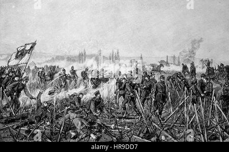 S'attaquer à la gare de Beaune, France, Situation de l'époque de la guerre franco-allemande ou la guerre franco-allemande, Deutsch-Franzoesischer Krieg, 1870-1871, reproduction d'une gravure originale de l'année 1885, l'amélioration numérique Banque D'Images