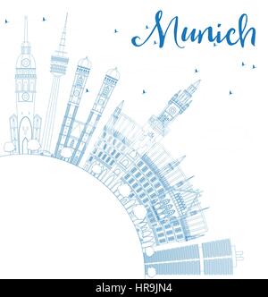 Munich contour bleu horizon avec les bâtiments et l'espace de copie. vector illustration. Les voyages d'affaires et tourisme concept avec l'architecture historique. Illustration de Vecteur