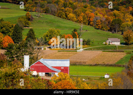 Les fermes amish dans une vallée avec la couleur des feuilles d'automne près de Walnut Creek, Ohio, USA. Banque D'Images