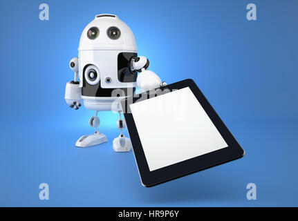 Robot Android avec surface tactile sur fond bleu. 3d illustration Banque D'Images