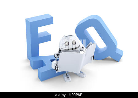 Assis sur Robot 3D FAQ signe. Plus isolé sur fond blanc Banque D'Images