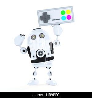 Robot Android avec une manette de jeu sans fil. Isolated on white