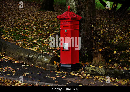 Victorian, red letter box et automne automne sous l'arbre dans le parc ,Buxton, Derbyshire, Royaume-Uni.Buxton Uk. Banque D'Images