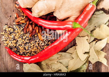 Concept d'assaisonnement - assortiment de produits frais et secs épices sur fond de bois, le piment, les feuilles de laurier, le gingembre, la coriandre, les graines Banque D'Images