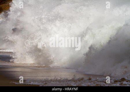 Cornwall, UK. 28 Février, 2017. Météo britannique. Une recherche de sensations fortes se surfer engloutie par une vague géante en essayant d'entrer dans l'eau pour surfer les vagues générées par la tempête Ewan. Les vagues massives jusqu'à vingt pieds de plein fouet la côte de Cornouailles au cours des deux derniers jours. Crédit : Mike Newman/Alamy Live News Banque D'Images