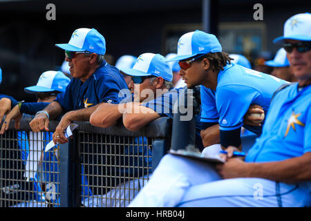 Port Charlotte, en Floride, aux États-Unis. 28 Février, 2017. Vous VRAGOVIC | fois.Rays de Tampa Bay manager Kevin Cash (16) montres l'action au cours de la première manche du match entre les Rays de Tampa Bay et les Twins du Minnesota à Charlotte Sports Park à Port Charlotte, en Floride, le mardi 28 février, 2017. Les Rays de Tampa Bay battre les Twins du Minnesota 19-0. Credit : Vragovic/Tampa Bay Times/ZUMA/Alamy Fil Live News Banque D'Images