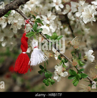 Sofia, Bulgarie. 28 Février, 2017. Le 1er mars peuple bulgare célébrer une fête traditionnelle appelée Baba Marta. Les gens donnent l'un à l'autre martenitsa. Martenisa est faite de fils blancs et rouges et habituellement sous la forme de deux glands ou poupées, un homme et une femme. La tradition veut que Martenitsi sont toujours donnés comme cadeaux, non acheté pour soi-même. Ils sont les hérauts de l'arrivée du printemps et de la vie nouvelle. Credit : Nicola Kota/Alamy Live News Banque D'Images