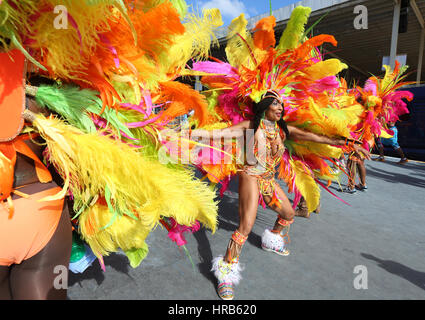 Port of Spain, Trinidad. 28 Février, 2017. Masqueraders avec Ronie & Caro Le Mas Band présent 'Fearless' dans le Queen's Park Savannah pendant le carnaval de Trinidad, le 28 février 2017 à Port of Spain, Trinidad. (Photo par Sean Drakes/Alamy Live News) Banque D'Images