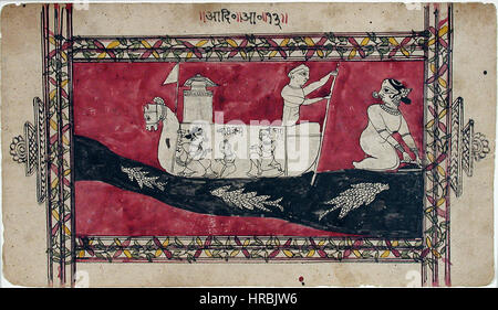 Sarasvati, Vyasjanm et Darashar dans un bateau, sur une photographie de la fin du XVIIIe ou du début du XIXe siècle, de la collection Edwin Binney 3rd. Banque D'Images