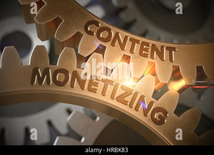 La monétisation de contenu sur le Golden rouages. 3D Illustration. Banque D'Images