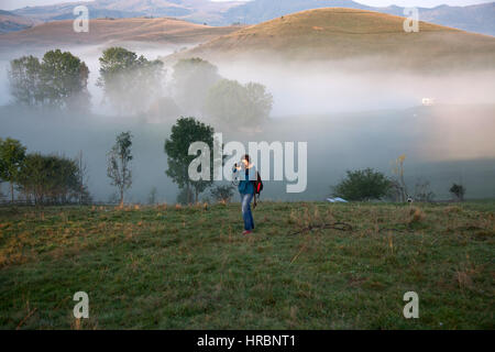 Ferme de moutons dans les montagnes on foggy matin de printemps - les montagnes Apuseni, Transylvanie Banque D'Images