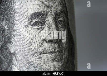 Le visage de Benjamin Franklin sur un billet / une facture US $100 / cent Dollar, notes Franklin C. Pour la crise bancaire américaine. Banque D'Images
