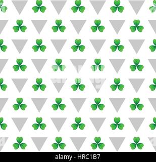 Shamrock, trèfle vert avec trois feuilles. Branche contre fond blanc avec des triangles d'argent. St Patricks Day seamless pattern. Tileabl vecteur Illustration de Vecteur