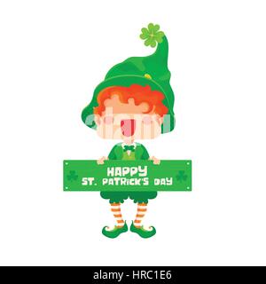 Vector Illustration de Saint Patrick's Day Happy Leprechaun avec signe d'accueil pour carte de souhaits Illustration de Vecteur