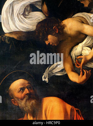 *San Matteo e l'angelo* (composé Matthew and the Angel) est un détail de la célèbre peinture du Caravage, représentant le moment où Matthieu s'inspire de l'ange pour écrire l'Evangile. L'accent mis sur la lumière et l'ombre, ainsi que le réalisme vif, sont caractéristiques du style du Caravage. Banque D'Images