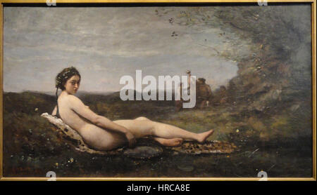 'Repose' de Jean-Baptiste-Camille Corot, créé en 1860 et retravaillé plus tard en 1865-1870, est une peinture de paysage sereine conservée à la Galerie Corcoran d'Art. Corot était connu pour sa maîtrise de la lumière et de l'atmosphère, ce qui est évident dans cette pièce. La peinture reflète son influence sur le développement de la peinture paysagère française au XIXe siècle. Banque D'Images