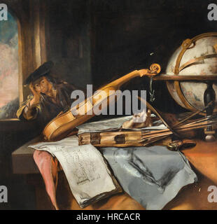 « Vanitas Still Life with a Thinking Young Man » de Samuel van Hoogstraten est une réflexion poignante sur la nature éphémère de la vie. Les éléments de nature morte symbolisent la mortalité, tandis que le jeune homme contemple son destin. Banque D'Images