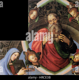 Cette peinture de Raphaël, intitulée « Dieu le Père et la Vierge Marie », représente les figures sacrées dans une composition sereine et harmonieuse. L’utilisation par Raphaël de tons clairs et doux accentue la divinité et la grâce des figures centrales. Banque D'Images