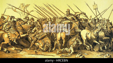 Cette reconstruction de la mosaïque de la bataille d'Issus, basée sur la célèbre peinture d'Apelles, représente la bataille décisive entre Alexandre le Grand et le roi Darius III. la mosaïque a été découverte à l'origine dans la Maison du Faun à Pompéi, offrant un aperçu de l'art romain antique et de l'histoire militaire. Banque D'Images