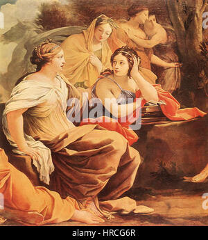 « Parnasse ou Apollon et les Muses » de Simon Vouet est une représentation détaillée du Dieu grec Apollon avec les Muses sur le mont Parnasse, incarnant des thèmes mythologiques classiques avec de l'art baroque. Banque D'Images