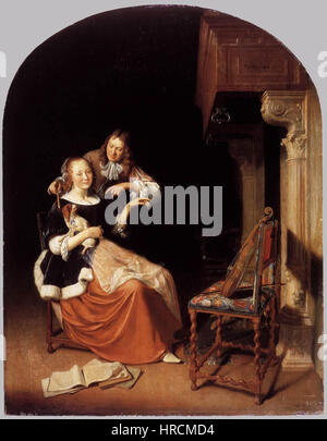 Slingelandt, Pieter Cornelisz Van - Dame avec un chien de compagnie - 1672 Banque D'Images