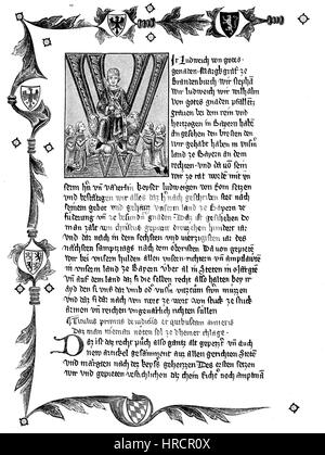 Première page du manuscrit le plus ancien du livre juridique de l'Empereur Ludwig des Baiern, 1346, Allemagne. Louis IV, 1282 - 1347, a appelé le bavarois, reproduction d'une gravure sur bois du xixe siècle, 1885 Banque D'Images