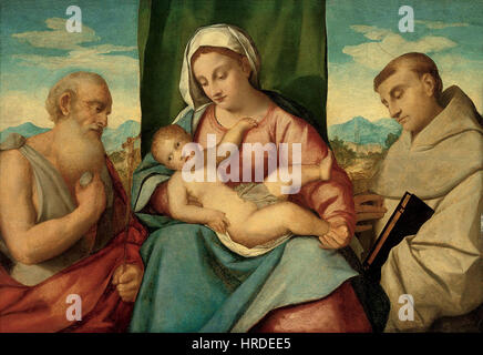 De' Pitati Bonifacio - La Madonna col bambino ei santi Girolamo e Francesco d'Assisi Banque D'Images