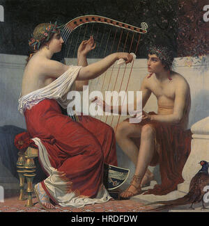 'Calliope Teaching Orphée' d'Alexandre-Auguste Hirsch, créé en 1865, représente la scène mythologique de Calliope, la muse de la poésie épique, instruisant Orphée dans l'art de la musique. La peinture met l'accent sur la mythologie classique, avec une attention particulière aux détails et à la composition. Banque D'Images
