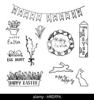 Carte Joyeuses Pâques avec des oeufs, des lapins, des fleurs, lettrage, guirlande. Croquis. typographiques. Faites à la main. Pinceau. Garland, thème du printemps. Ornement Floral Illustration de Vecteur